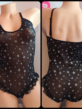 Sheer Black Shimmering Star Print Ruffle Bodysuit Size M